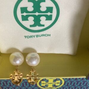 Tory Burch Gold Logo and Pearl Drop Earrings
